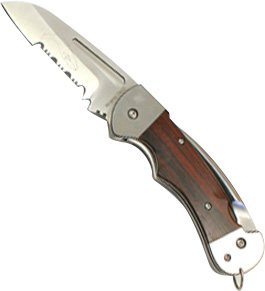 KNIFE S/S SERRATED &SPIKE W/SHEATH CAPTAIN WOOD HDL