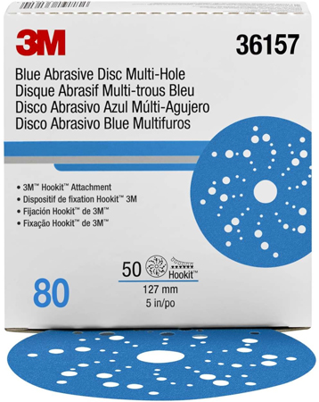 3M HOOKIT SANDING DISC 5" BLUE 80 GRIT MULTI HOLE BOX OF 50