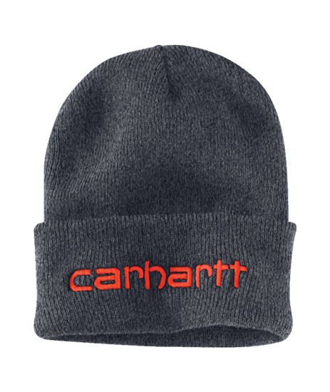 CARHARTT LOGO GRAPHIC KNIT BEANIE COAL HEATHER W/ ORANGE LETTERING