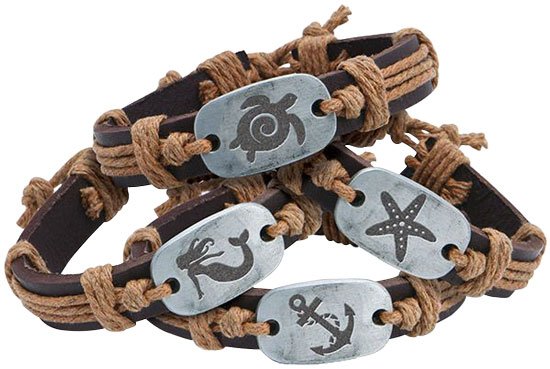 LEATHER BEACH BRACELET ASSORTED, MERMAID, ANCHOR, SEA TURTLE, STAR FISH