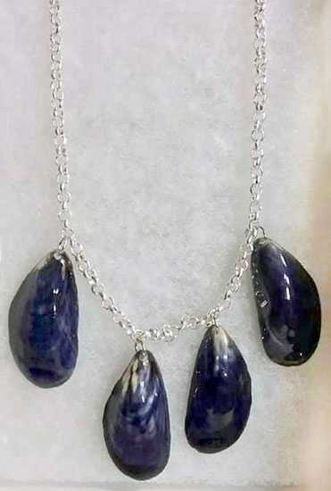 NECKLACE BLUE SHELLS W/24" SILVER  CHAIN