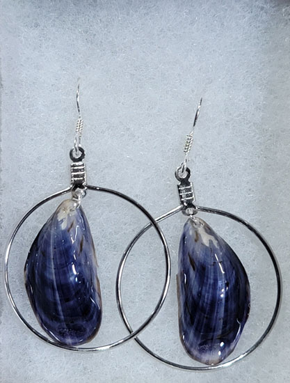 EARRINGS BLUE SHELL W/SILVER OVAL SETTING FRENCH HOOKS