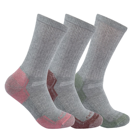 CARHARTT WOMENS MIDWEIGHT CREW SOCKS 3 PACK GREY ASSORTED LARGE
