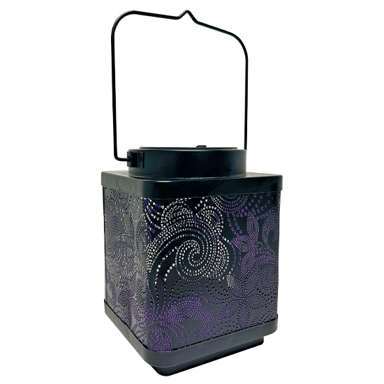 SHADOW LANTERN SQUARE PAISLEY WITH PURPLE SOLAR LIGHT, 4.25"X9.25"