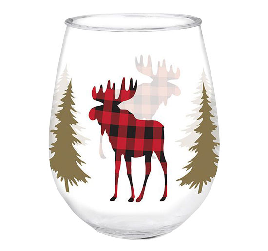 STEMLESS WINE GLASS PLAID MOOSE 15OZ