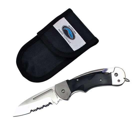 KNIFE S/S SERRATED &SPIKE W/SHEATH CREW BLK HANDLE