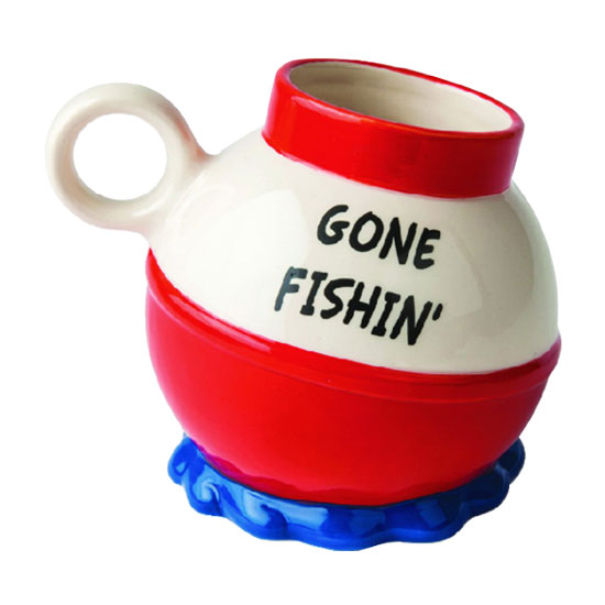 BIGMOUTH GONE FISHIN' BOBBER MUG 20 OZ CERAMIC RED WHITE & BLUE