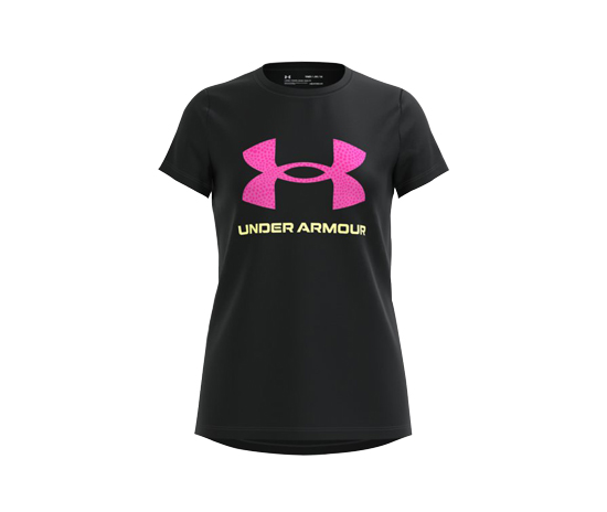 UNDER ARMOUR TECH PRINT BIG LOGO T-SHIRT GIRLS BLACK/PINK YOUTH SMALL
