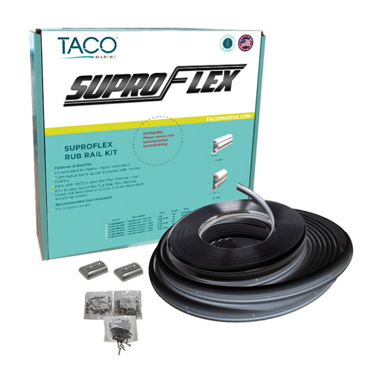 TACO MARINE SUPRO-FLEX RUB RAIL KIT, BLACK W/FLEX CHROME 60' 2"X29/32"