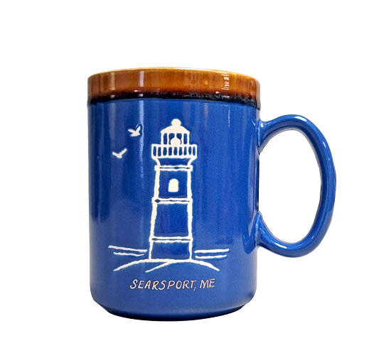 HAND GLAZED LIGHTHOUSE MUG BLUE -SAYS SEARSPORT,ME