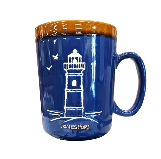 HAND GLAZED LIGHTHOUSE MUG BLUE- SAYS JONESPORT