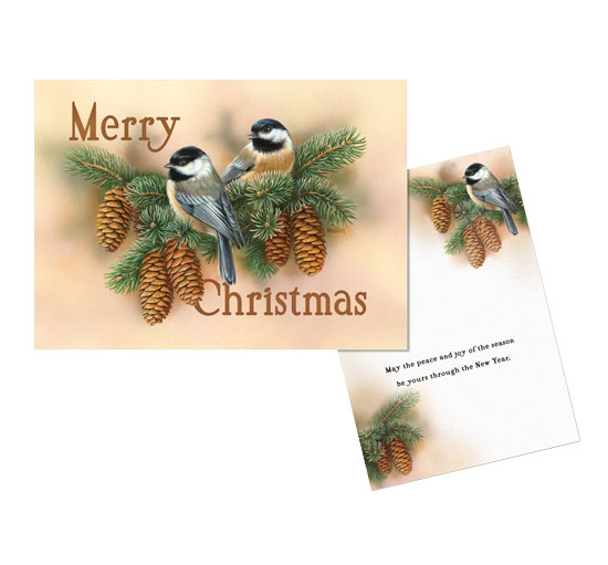 CHRISTMAS CARD PINECONE CHICKADEES