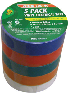 ELECTRICAL TAPE 5 PACK 1/2"X20" RD BL WH GR OG