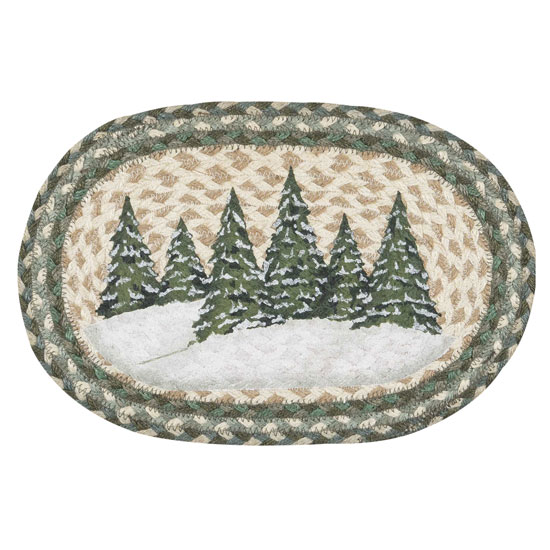 EARTH RUGS HOLIDAY VILLAGE TREES OVAL PLACEMAT 10"X15" GREEN & WHITE