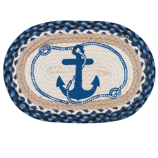 EARTH RUGS NAVY ANCHOR OVAL PLACEMAT 10"X15" NAVY & NATURAL