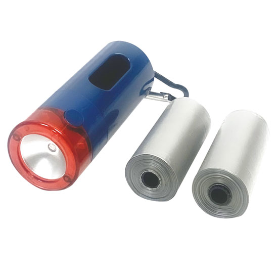 DOG WASTE BAG DISPENSER WITH BUILT-IN LED FLASHLIGHT