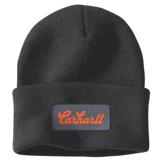 CARHARTT BLACK KNIT BEANIE W/ ORANGE SCRIPT PATCH ONE SIZE