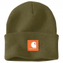 CARHARTT DARK BRONZED GREEN KNIT BEANIE W/ ORANGE RUBBER PATCH ONE SIZE