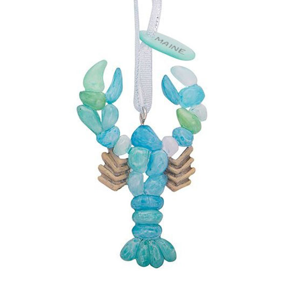 DRIFTWOOD AND SEA GLASS MAINE LOBSTER RESIN ORNAMENT