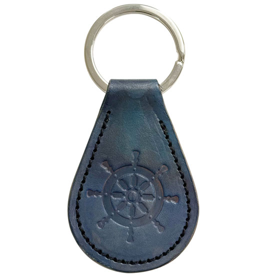 HANDMADE LEATHER KEYCHAIN SHIP WHEEL DESIGN NAVY BLUE