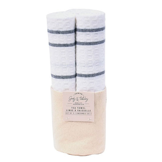 WHITE & NAVY STRIPED WAFFLE KNIT TEA TOWELS SET OF 3