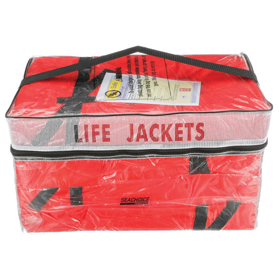 SEACHOICE CLEAR STORAGE BAG W/ (4) ADULT UNIVERSAL TYPE II PFD LIFE VESTS