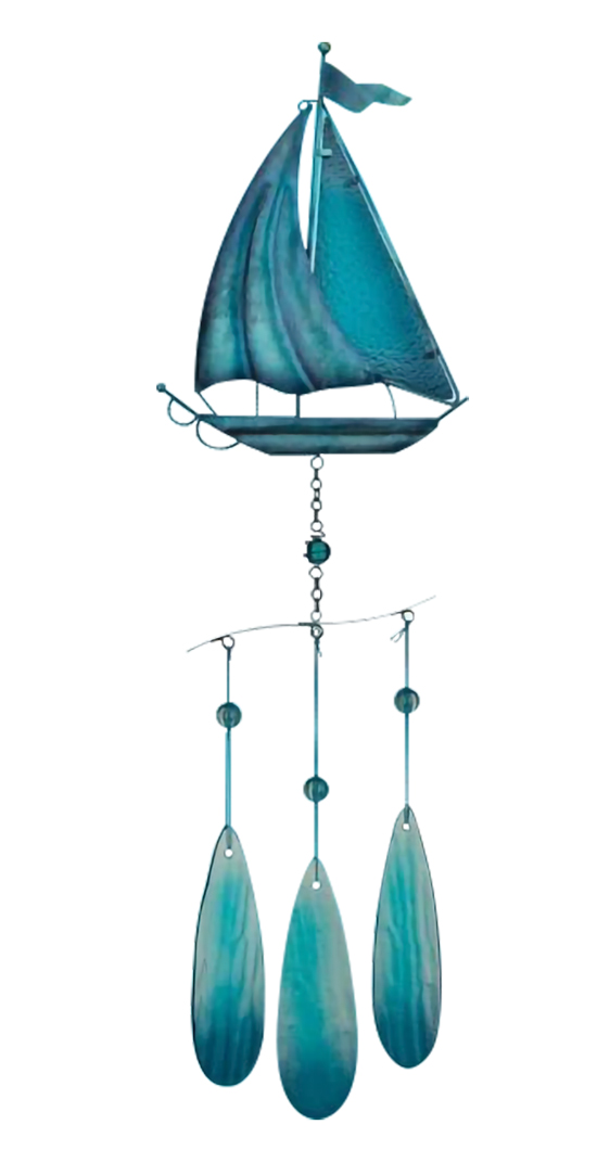 SAILBOAT WIND CHIME, DEEP SEA BLUE TEXTURED GLASS 29" LONG