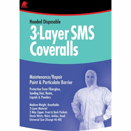 BUFFALO INDUSTRIES HOODED DISPOSABLE SMS COVERALLS UNIVERSAL SIZE