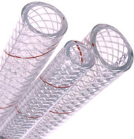SHIELDS HOSE PVC REINFORCED CLEAR WITH RED TRACER 1-1/2" ID (BY FOOT)