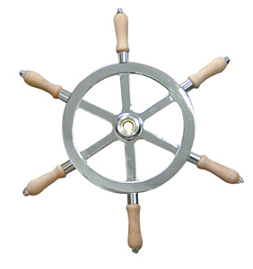 STEERING WHEEL 16" STAINLESS STEEL WITH TEAK HANDLES 3/4" TAPERED BORE